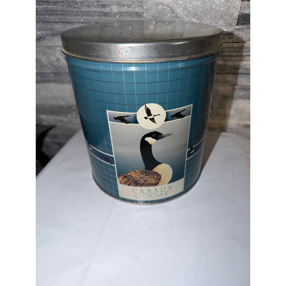 Vintage Canada Goose Decorative Tin Canister Blue Grid Metal Storage Container